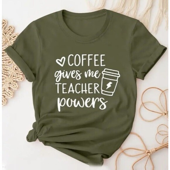 Women's T-Shirt Medium 8-10 Coffee gives me Teacher powers - Picture 1 of 1